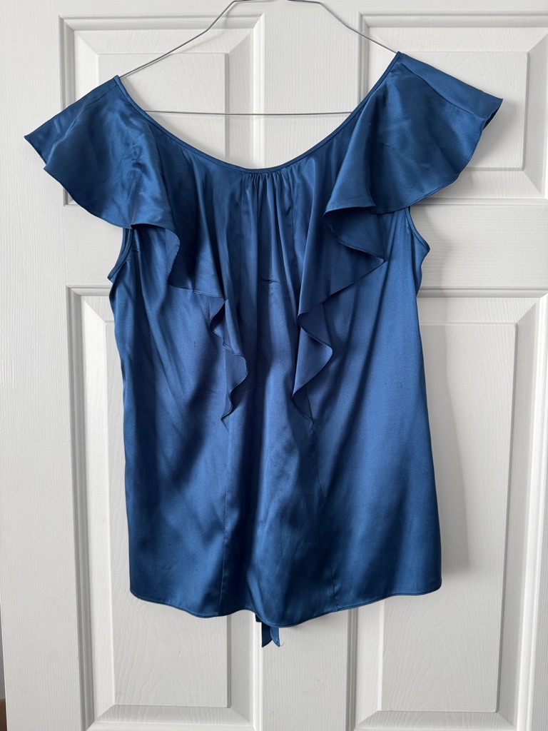 Rebecca Taylor Blue Satin Ruffle Sleeve Blouse. Tie In Back. Size 10